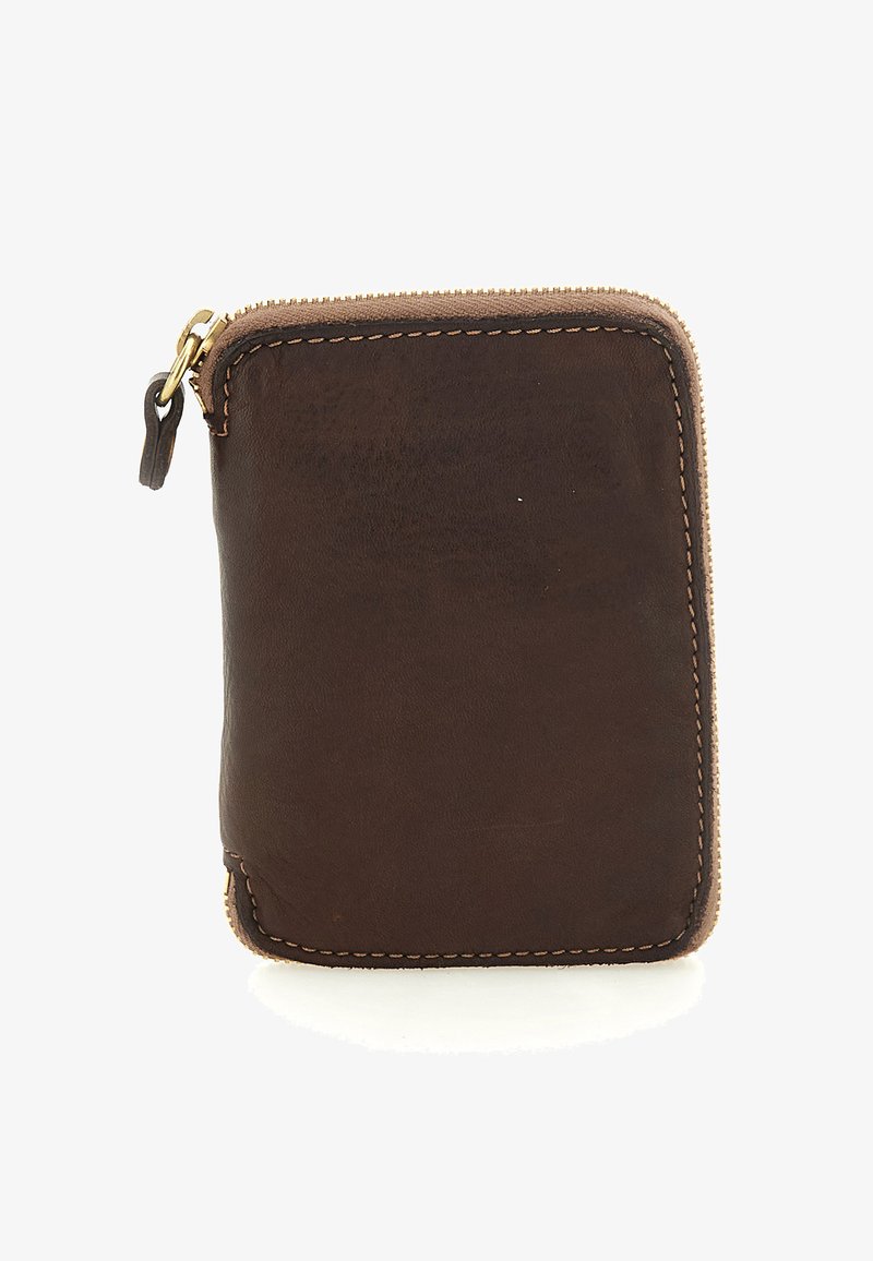 Portafoglio in pelle marrone scuro con cuciture visibili e una cerniera color cuoio, mostrato chiuso su uno sfondo bianco.