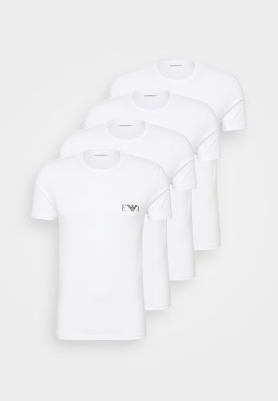 Four white cotton t-shirts with short sleeves, round necklines, and a small black logo on the left chest. Smooth, plain texture.