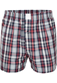 Boxer shorts a quadri in tessuto di cotone nelle tonalità di blu navy, rosso, grigio e bianco, con vita elasticizzata e bottone frontale.