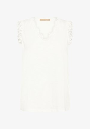 Witte top met korte mouwen gemaakt van zachte katoen, voorzien van een geschulpte V-halslijn en ruches van kant op de schouders.
