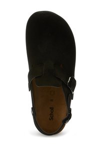 Zueco negro de ante con punta cerrada, equipado con correas ajustables con hebilla y una plantilla de cuero marrón etiquetada como "Scholl", talla 38.