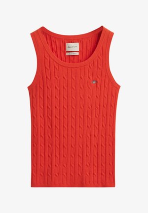 Orange strikket tanktop med et tekstureret kabeldesign. Har en afrundet halsudskæring og et logoakcent broderet på brystet.