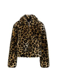 Chaqueta de piel sintética con estampado de leopardo, diseño corto, cuello corto, manchas negras y marrones sobre un fondo tostado, con cierre frontal de cremallera.