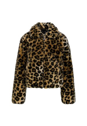 Veste en fausse fourrure imprimée léopard, design court, col court, motifs noirs et bruns sur fond beige, avec une fermeture éclair à l'avant.