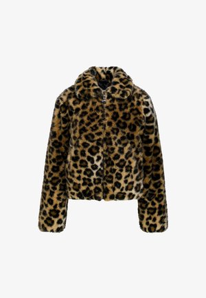 Faux fur leopardprintjas, cropped ontwerp, korte kraag, zwarte en bruine vlekken op een beige achtergrond, met een rits aan de voorkant.
