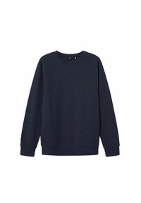 Sweatshirt bleu marine en tissu doux avec des manches longues, un col rond et des poignets et un ourlet côtelés. Caractérise une texture lisse et un design classique.
