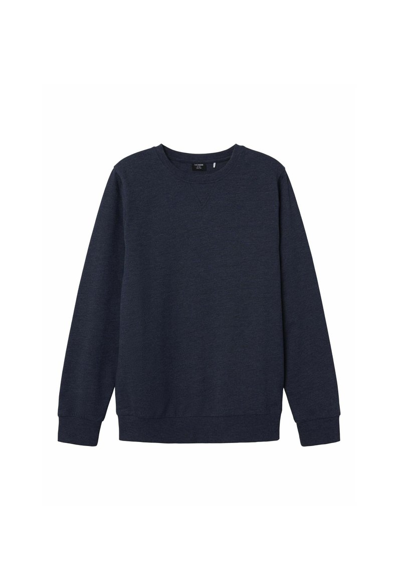 Sweatshirt bleu marine en tissu doux avec des manches longues, un col rond et des poignets et un ourlet côtelés. Caractérise une texture lisse et un design classique.