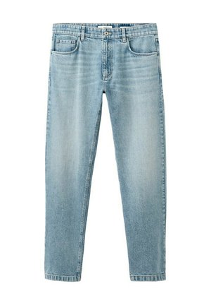 Blugi drepti din denim albastru deschis, cu închidere frontală cu nasturi, buzunare pentru curea și stil cu cinci buzunare.