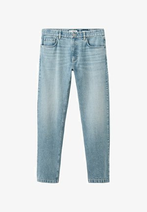 Blugi drepti din denim albastru deschis, cu închidere frontală cu nasturi, buzunare pentru curea și stil cu cinci buzunare.