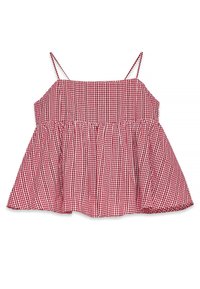 Punainen ja valkoinen ruudullinen toppi, jossa on flare-hameen muotoilu, ohuet säädettävät olkaimet ja kootut kangasvyötäröllä. Kevyt puuvillamateriaali.