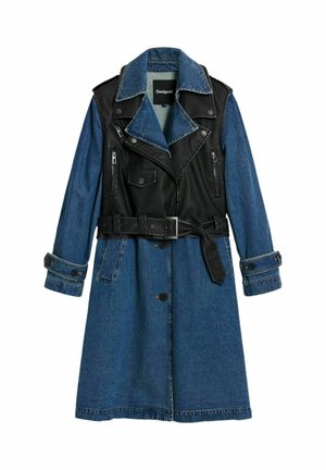 Denim and leather coat with a black upper section and blue denim sleeves. Features a belted waist, zippers, and a notched collar.