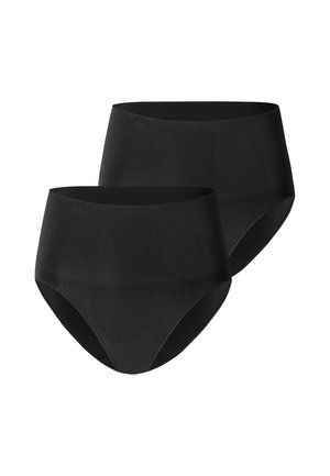 Zwei Paar schwarze nahtlose Damen-Slips mit hoher Taille, dargestellt auf weißem Hintergrund.