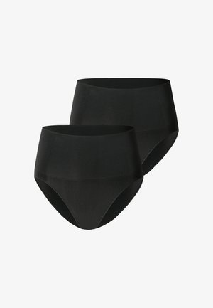 Zwei Paar schwarze nahtlose Damen-Slips mit hoher Taille, dargestellt auf weißem Hintergrund.