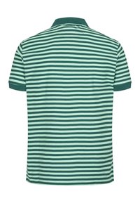 Polo skjorte, korte ærmer, lysegrønne og mørkegrønne vandrette striber, blødt bomuldsstof, struktureret krave, almindelig pasform med sideslids.