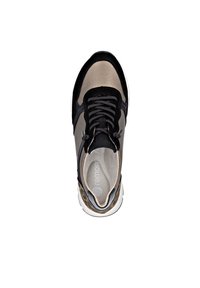 Sporty sneaker featuring a blend of beige suede, black leather accents, and a leopard print detail at the heel. Textured laces and insole.