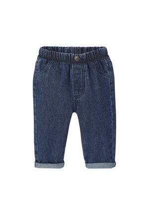 Denim-Hosen mit elastischem Bund, in Dunkelblau, taillierte Form und umgeschlagenen Säumen. Enthält klassische Denim-Stiche und Vordertaschen.