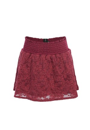 Rode kanten rok met brede elastische tailleband en bloemmotief, knielengte, ontworpen voor meisjes.