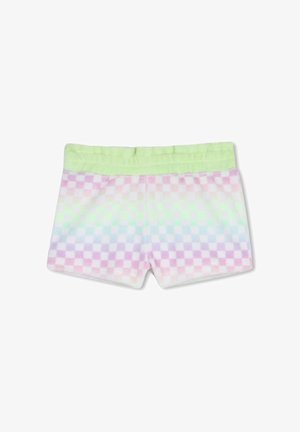 Shorts pour enfants avec un motif à damier pastel en rose, vert, bleu et violet, et une ceinture élastique vert clair.