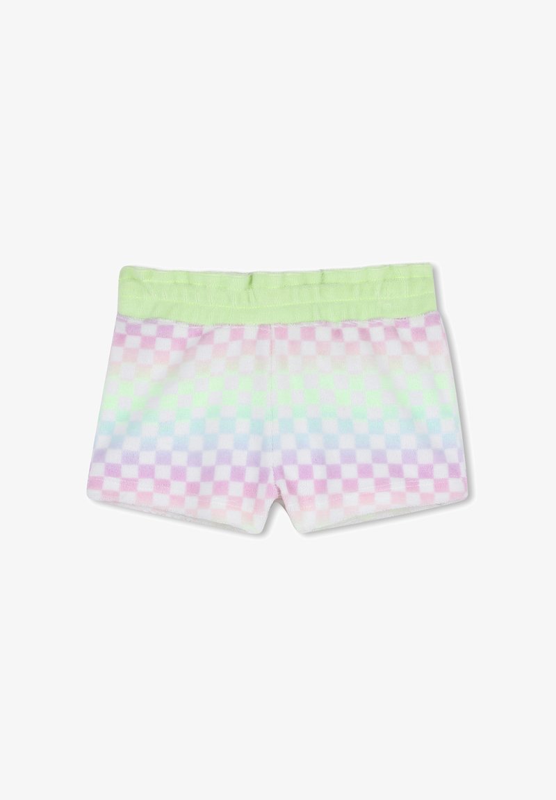 Shorts pour enfants avec un motif à damier pastel en rose, vert, bleu et violet, et une ceinture élastique vert clair.
