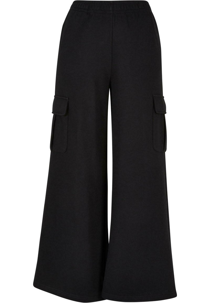 Sorte brede sweatpants lavet af blødt stof, med elastisk talje og to sidelommer.