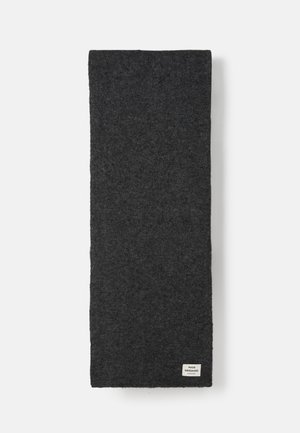 Dark gray wool scarf, rectangular shape, soft texture, finished edges, with a small brand label at one end.
