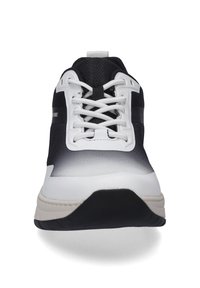 Black and white athletic shoe with a mesh upper, round toe, and lace-up design. Features a gradient effect and a textured sole.