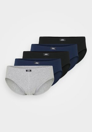 Verpakking van vijf katoenen slips in grijs, donkerblauw en zwart. Beschikt over een soepele, flexibele tailleband met een label aan de voorkant. Klassieke pasvorm.