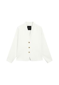 Veste blanche à manches longues avec un col en V, fermée par trois boutons dorés, présentant une coupe droite et un design minimaliste.