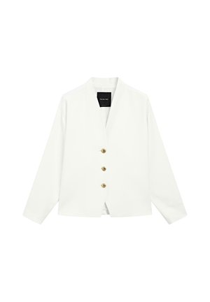 Veste blanche à manches longues avec un col en V, fermée par trois boutons dorés, présentant une coupe droite et un design minimaliste.