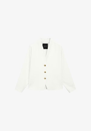Weiße Jacke mit langen Ärmeln und V-Ausschnitt, geschlossen mit drei goldenen Knöpfen, in gerader Schnittführung und minimalistischem Design.