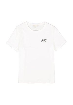 Weißes Baumwoll-T-Shirt mit kurzen Ärmeln und Rundhalsausschnitt, mit einem kleinen schwarzen gestickten Tigerdesign auf der linken Brust.