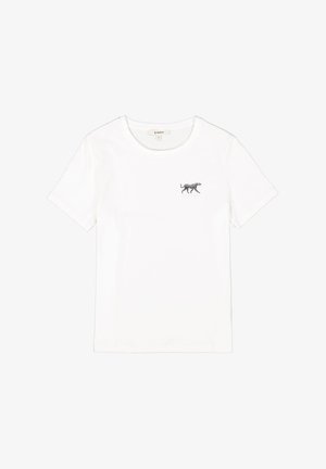 Weißes Baumwoll-T-Shirt mit kurzen Ärmeln und Rundhalsausschnitt, mit einem kleinen schwarzen gestickten Tigerdesign auf der linken Brust.