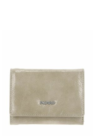 Portefeuille en cuir beige à finition brillante, de forme rectangulaire, avec un petit logo métallique "PICARD" centré sur le rabat avant.