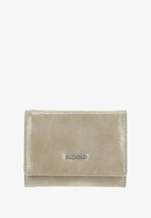 Portefeuille en cuir beige à finition brillante, de forme rectangulaire, avec un petit logo métallique "PICARD" centré sur le rabat avant.
