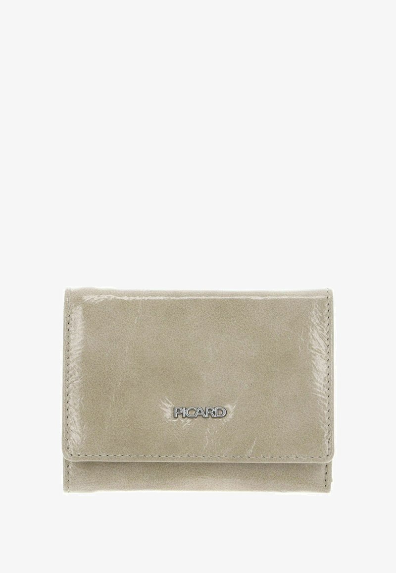 Portefeuille en cuir beige à finition brillante, de forme rectangulaire, avec un petit logo métallique "PICARD" centré sur le rabat avant.