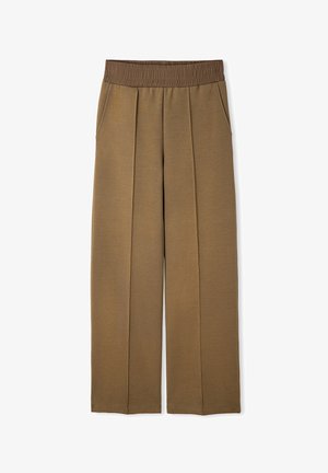 Pantalons larges marron avec une taille élastique, poches latérales et plis verticaux. Fabriqués en matériau doux, présentant une texture lisse.