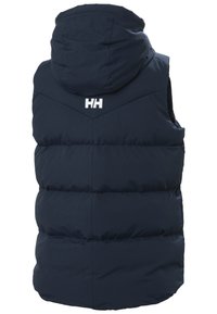Gilet imbottito blu marino con cappuccio, design trapuntato, segmenti cuciti e logo bianco sul retro. Realizzato in un materiale liscio e resistente all'acqua.