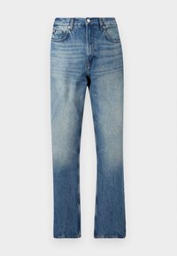 Blue high-rise straight-leg jeans with subtle fading, front button and zip closure, and classic five-pocket design.
