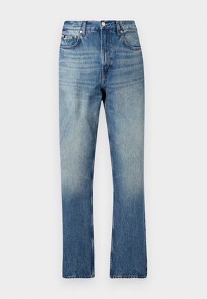 Blue high-rise straight-leg jeans with subtle fading, front button and zip closure, and classic five-pocket design.