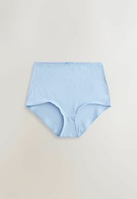 Lichtblauwe katoenen slip met hoge taille en een klein decoratief strikje middenvoor aan de tailleband.