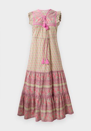 Maxi dress in light green fabric with pink floral print, contrasting patterned hem, ruffled sleeves, and pink tassel accents.