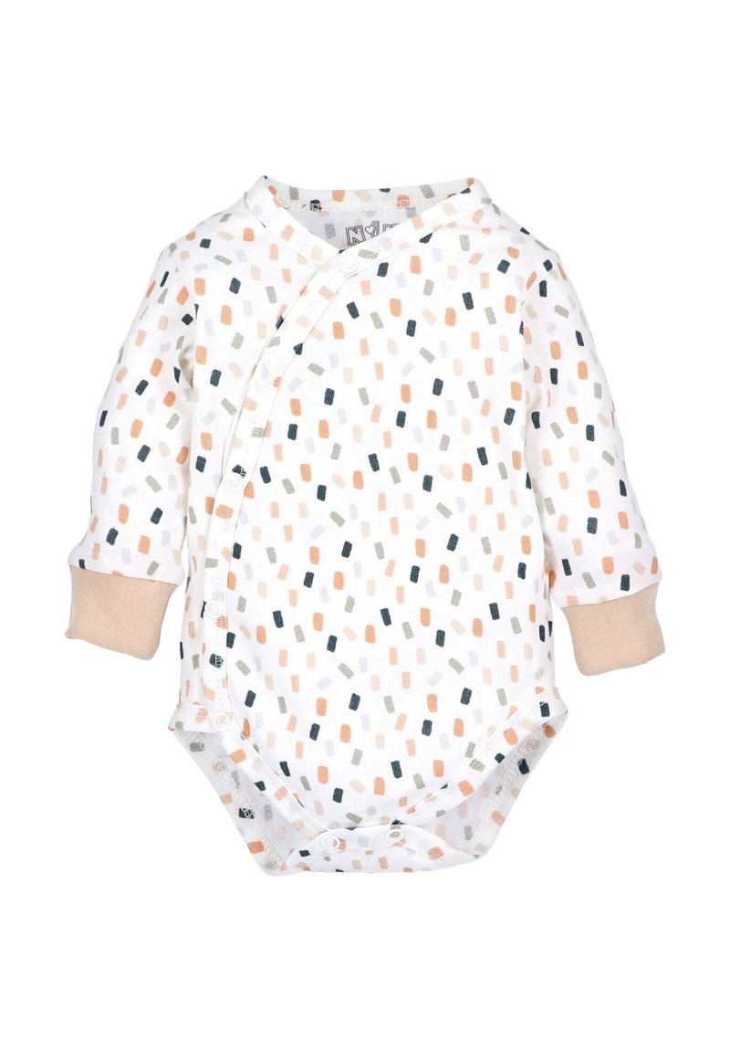 Weißer Baby-Body mit langen Ärmeln, beigen Bündchen, Druckknöpfen und einem mehrfarbigen rechteckigen Punktmuster in Orange, Schwarz, Grau und Beige.