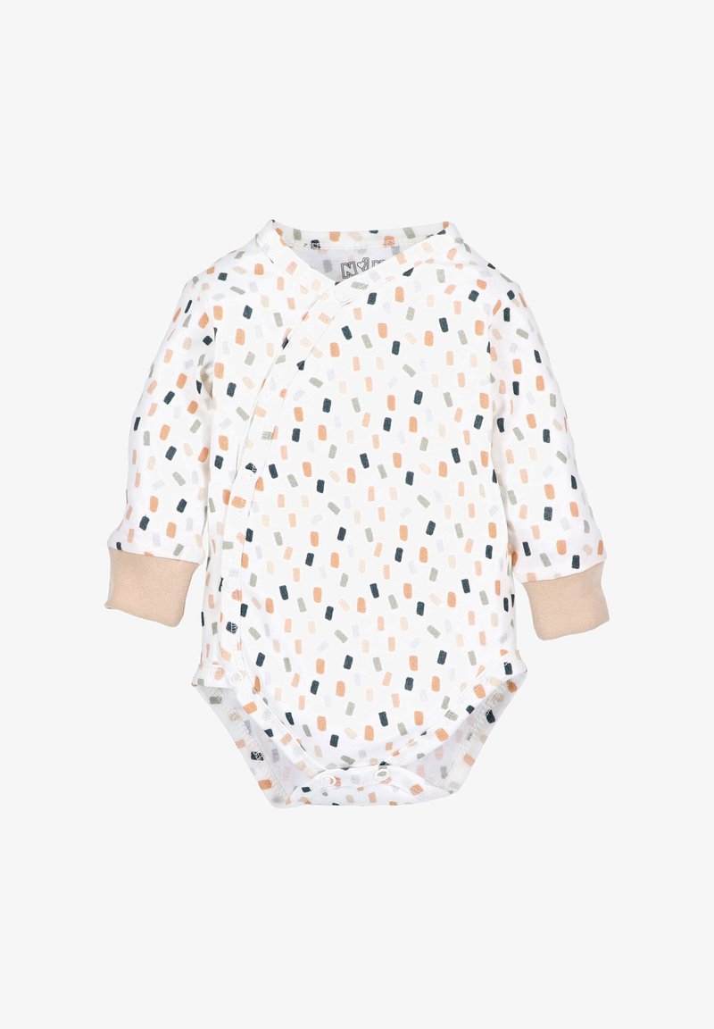 Weißer Baby-Body mit langen Ärmeln, beigen Bündchen, Druckknöpfen und einem mehrfarbigen rechteckigen Punktmuster in Orange, Schwarz, Grau und Beige.