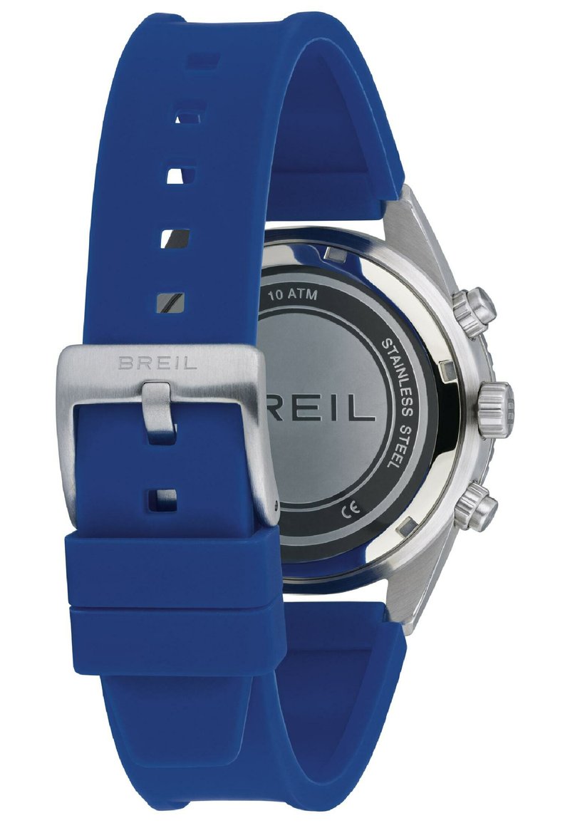 Orologio con cinturino in silicone blu, cassa e fondello in acciaio inossidabile, dotato di tre pulsanti e quadrante nero contrassegnato "10 ATM" e con il nome del marchio "BREIL."