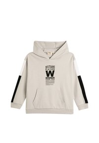 Sudadera con capucha de color gris claro con detalles en negro y blanco. Presenta un bolsillo frontal y texto impreso que incluye "MEJORES JUGADORES" y "GANADOR".