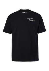 Sort bomulds T-shirt med korteærmer og rund hals, med hvid broderet tekst "mamas favorit" på venstre bryst.