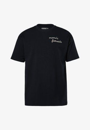 T-shirt en coton noir à manches courtes et col rond, avec le texte brodé en blanc "le préféré de maman" sur la poitrine gauche.