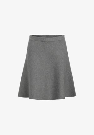 Gray flared skirt made of soft fabric, featuring a smooth waistband and a hem that gently flares out, with a subtle texture and no patterns.