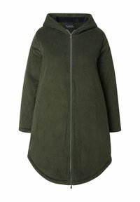 Olijfgroene hoodie-jack gemaakt van corduroy, met een rits aan de voorkant, lange mouwen en een gebogen zoom. Zachte textuur met verticale ribbels.
