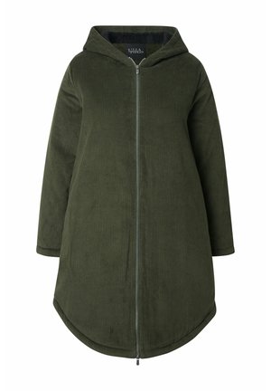 Olijfgroene hoodie-jack gemaakt van corduroy, met een rits aan de voorkant, lange mouwen en een gebogen zoom. Zachte textuur met verticale ribbels.